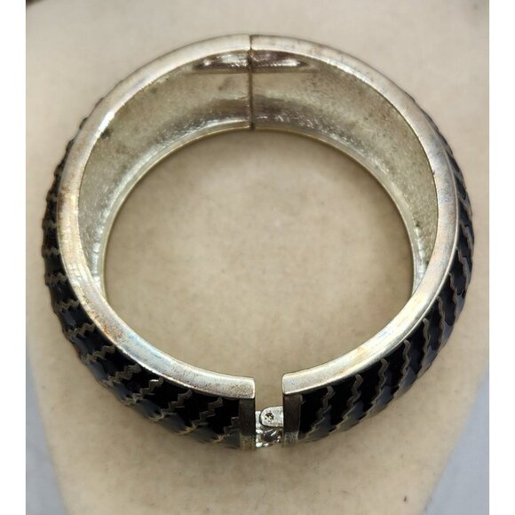 Vintage Silver Tone Bracelet Black Enamel With Silver Stripes Hinged - Picture 2 of 3